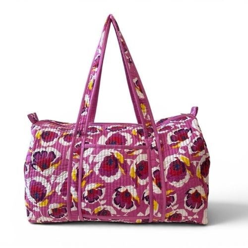 VOYAGE Milly weekender bag in pink and red floral block-print quilted cotton