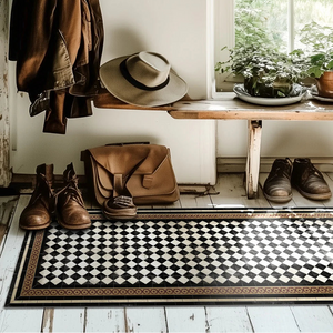 Beija Flor vinyl rug 'Damka' laid on the floor in an entryway setting.
