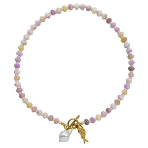Parisian Cool pastel gemstone necklace with mother of pearl and fish pendants