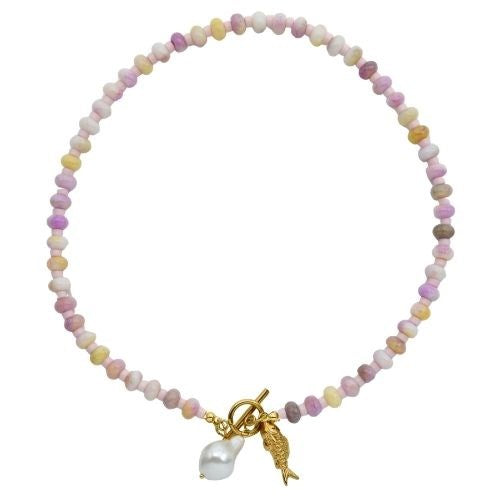 Parisian Cool pastel gemstone necklace with mother of pearl and fish pendants