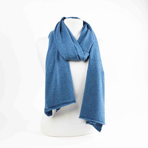 Maison Fanli LEA cashmere blend scarf in Blue Jean colour, soft lightweight winter scarf on mannequin