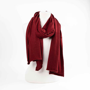 Maison Fanli LEA cashmere blend scarf in Burgundy, soft lightweight winter scarf on mannequin
