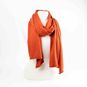 Maison Fanli LEA cashmere blend scarf in Burnt Orange, soft lightweight winter scarf on mannequin