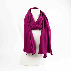 Maison Fanli LEA cashmere blend scarf in Raspberry, soft lightweight winter scarf on mannequin