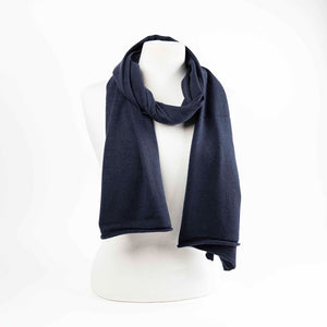 Maison Fanli LEA cashmere blend scarf in Navy, soft lightweight winter scarf on mannequin