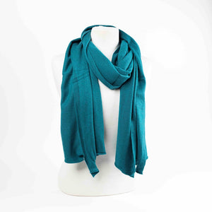 Maison Fanli LEA cashmere blend scarf in Teal, soft lightweight winter scarf on mannequin