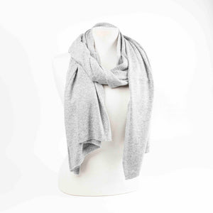 Maison Fanli LEA cashmere blend scarf in light grey, soft lightweight winter scarf on mannequin