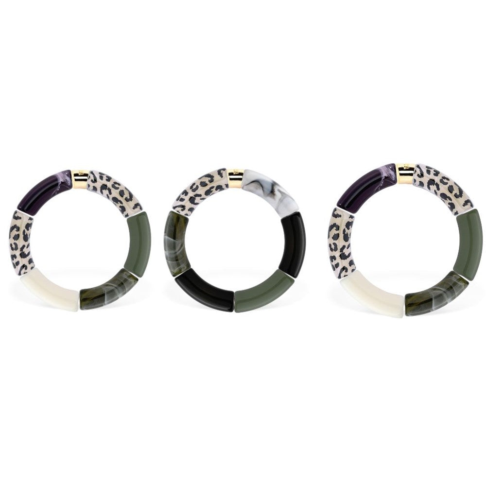 PARABAYA Resin Bracelets Set of 3 - Capi, leopard motif and khaki colour