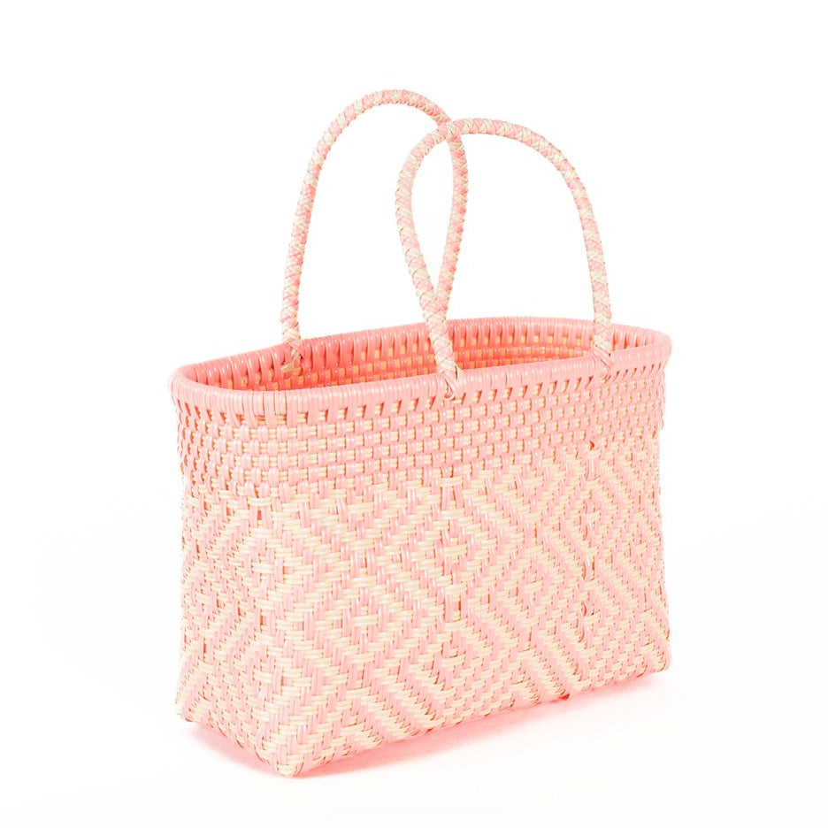 Bahia Mexican handwoven baskets in light Pink made from recycled plastic, medium size, ethical handmade basket bag