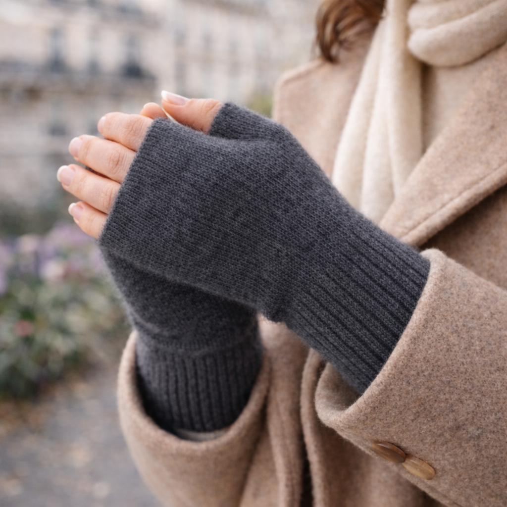 Woman wearing fingerless knit mittens in dark grey