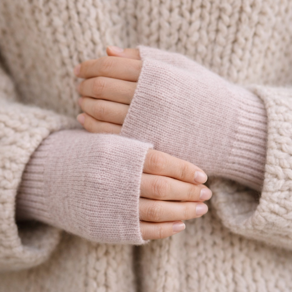 Woman wearing fingerless knit mittens in powder pink