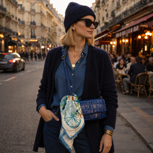 Margot croc-embossed leather clutch in Navy by Maison Fanli Paris worn crossbody by a Parisian Woman.