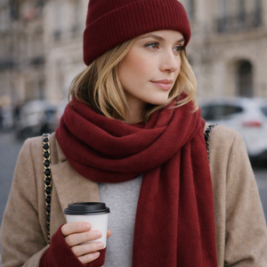 Woman wearing burgundy knit beanie and scarf outdoors in Paris