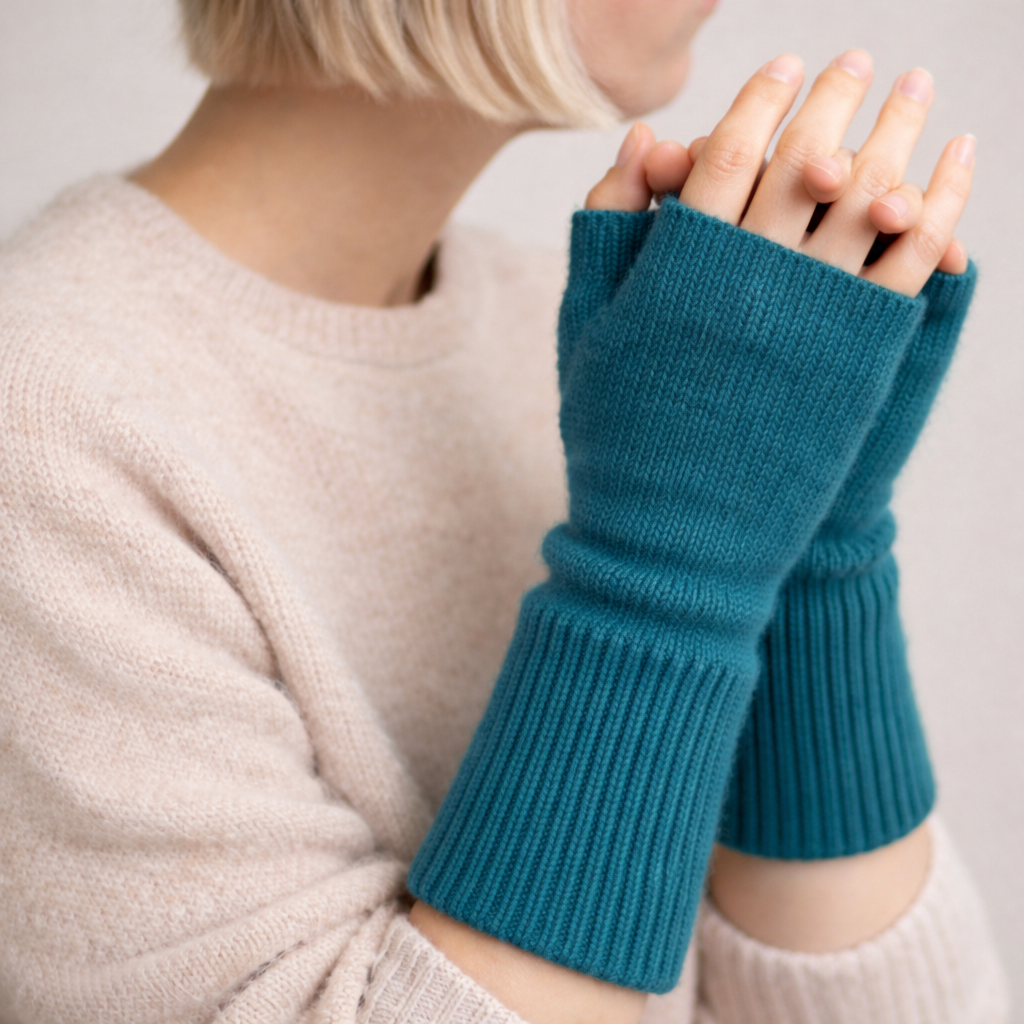 Woman wearing fingerless knit mittens in teal