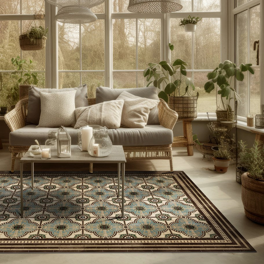 Beija Flor vinyl rug 'Paris' placed on the floor in a styled indoor setting.
