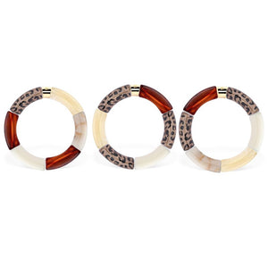 Parabaya Feli resin bangle bracelets set in hazelnut, cream and leopard tones 