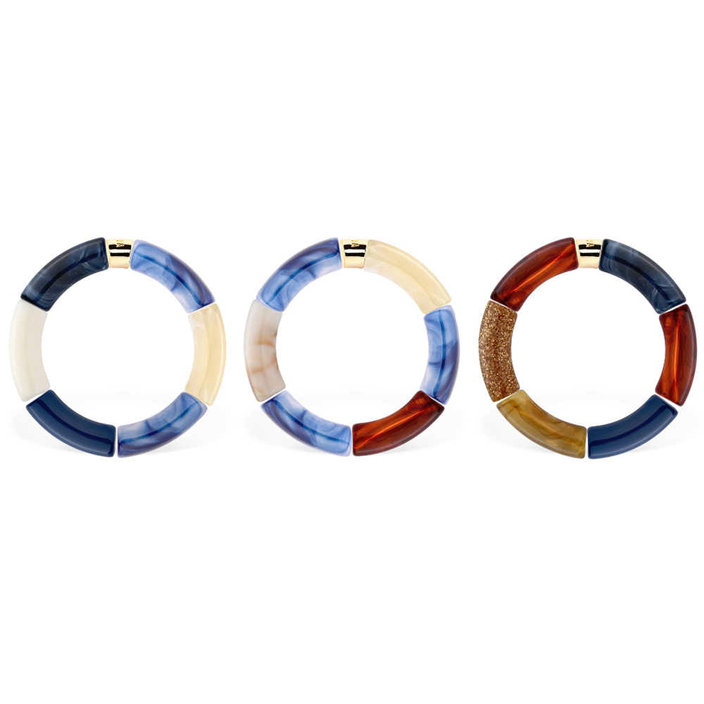 PARABAYA Resin Bracelets Set of 3 'Igarape', deep blue tones paired with amber and tobacco tones