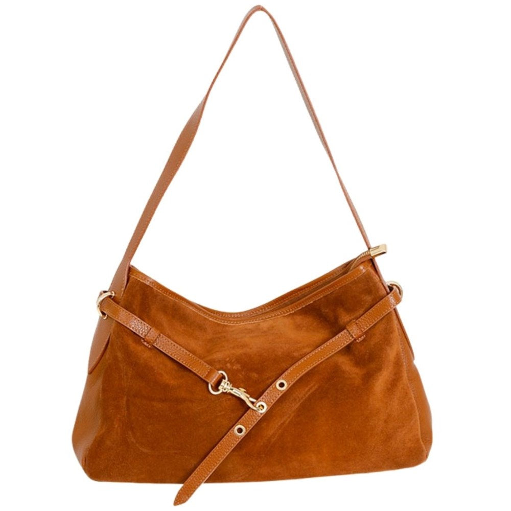 MAISON FANLI Victor suede shoulder bag in camel