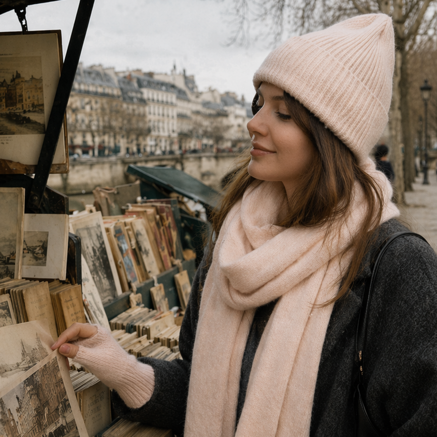 Woman wearing powder pink knit beanie and scarf outdoors in Paris