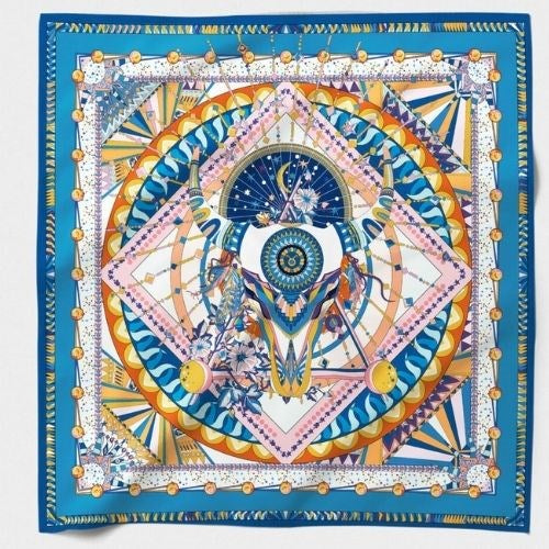 MAISON FANLI Silk Scarf 50x50cm Blue Astro Taurus featuring Taurus zodiac illustration