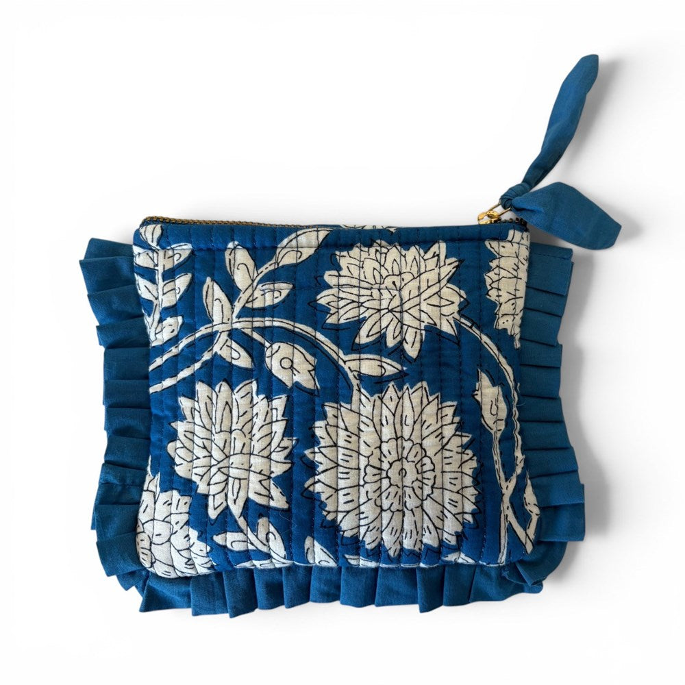 VOYAGE Ava mini ruffle pouch in blue and white floral block-print quilted cotton with knotted zip pull