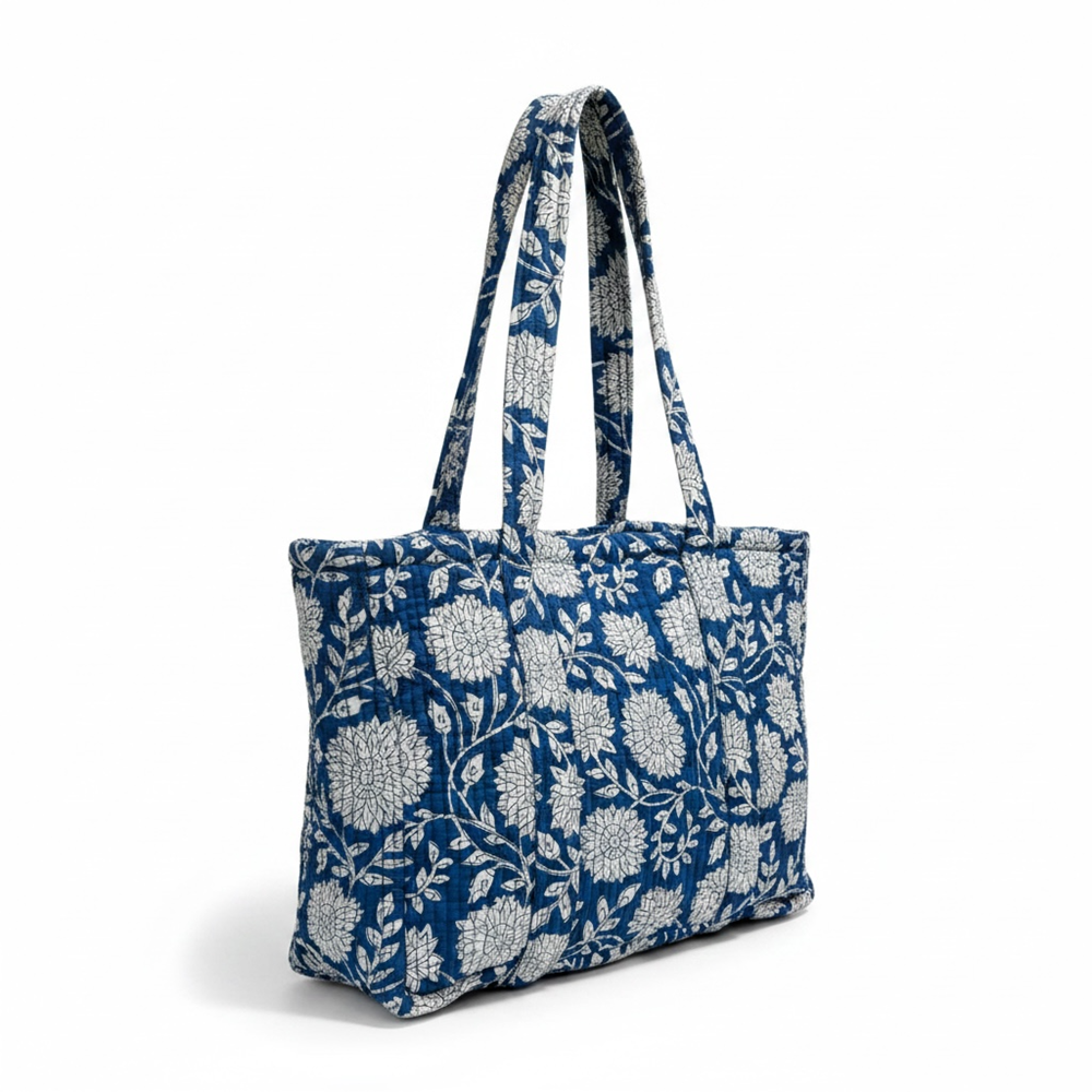 VOYAGE Ava large tote bag in blue and white floral block-print quilted cotton