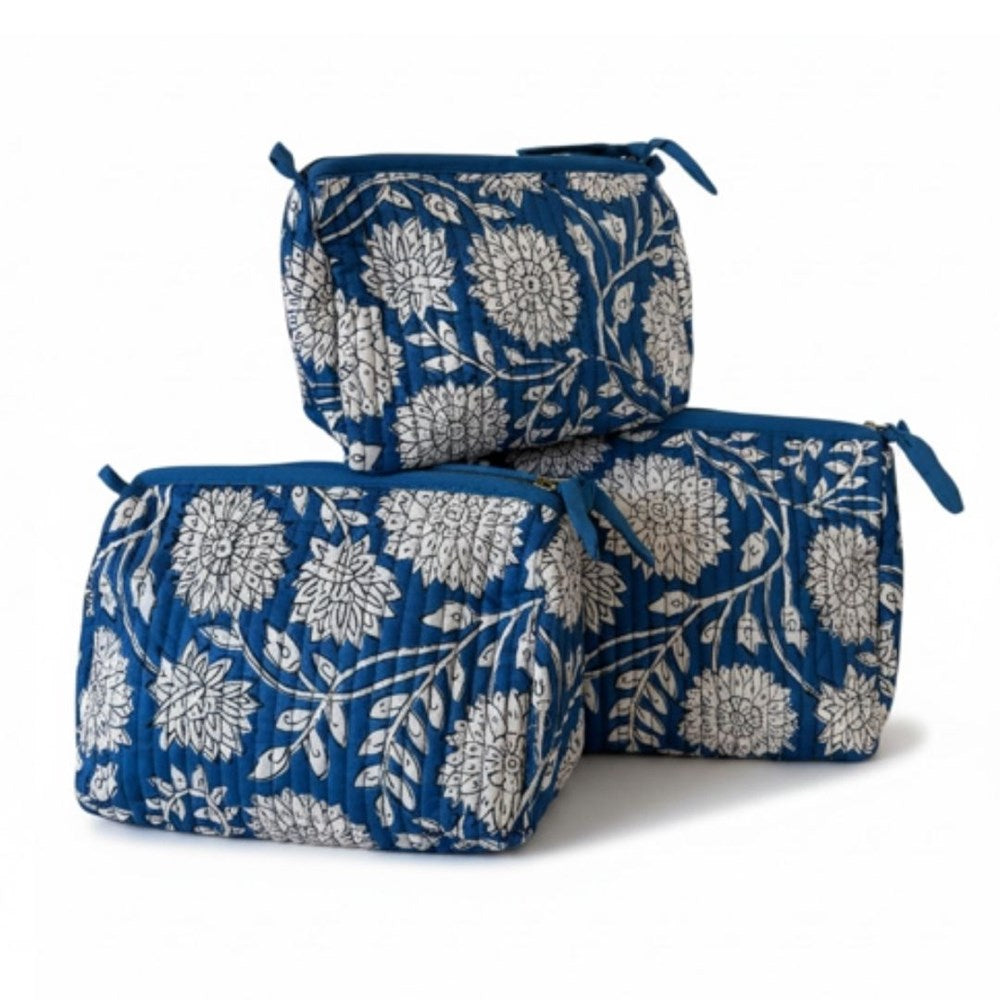 VOYAGE Ava set of 3 toiletry and makeup bags in blue and white floral block-print quilted cotton