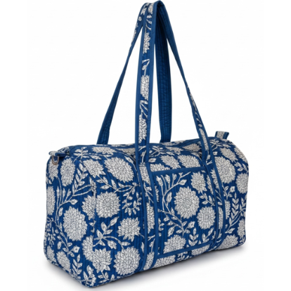 VOYAGE Ava weekender bag in blue and white floral block-print quilted cotton