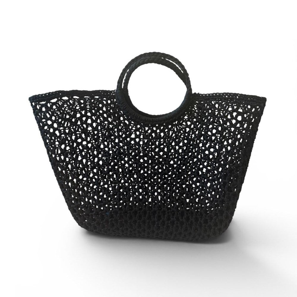 Rosie black crochet basket bag with round top handles and openwork pattern