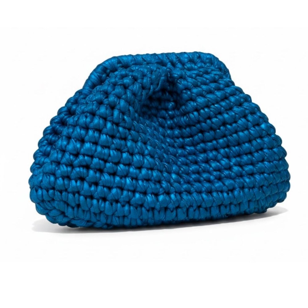 Capri blue metallic crochet clutch bag with soft pouch shape