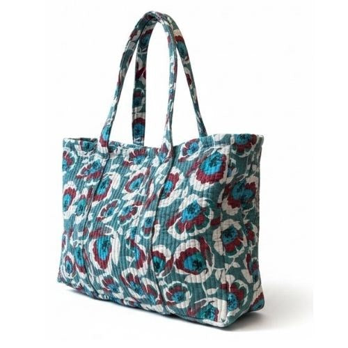 VOYAGE Bonnie large tote bag in teal and red floral block-print quilted cotton