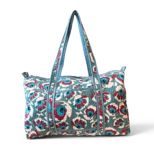 VOYAGE Bonnie weekender bag in teal and red floral block-print quilted cotton