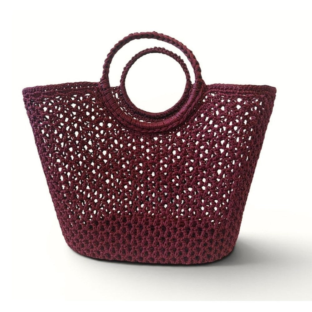Rosie burgundy crochet basket bag with round top handles and openwork pattern