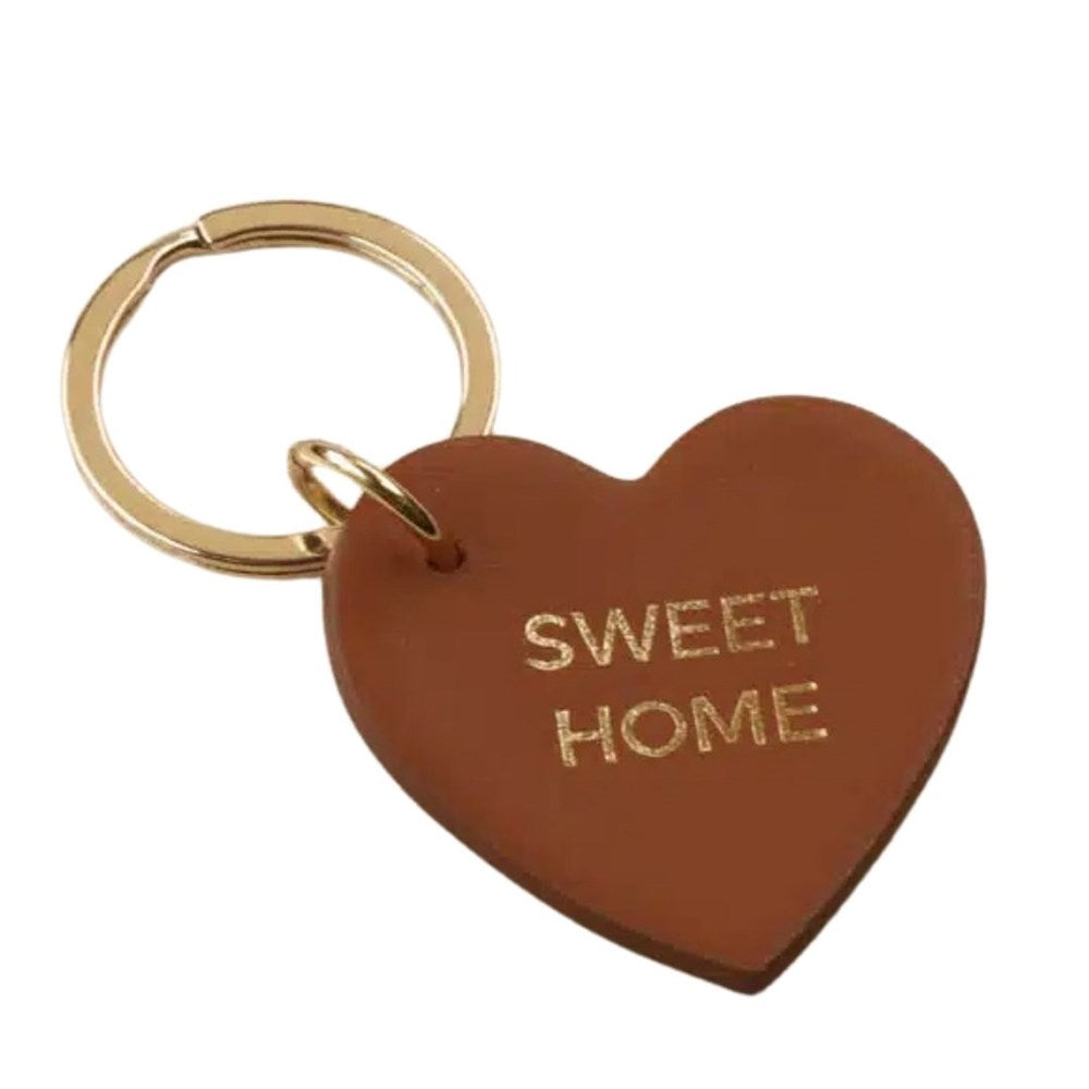 Les Cleias Sweet Home engraved leather keyring in camel