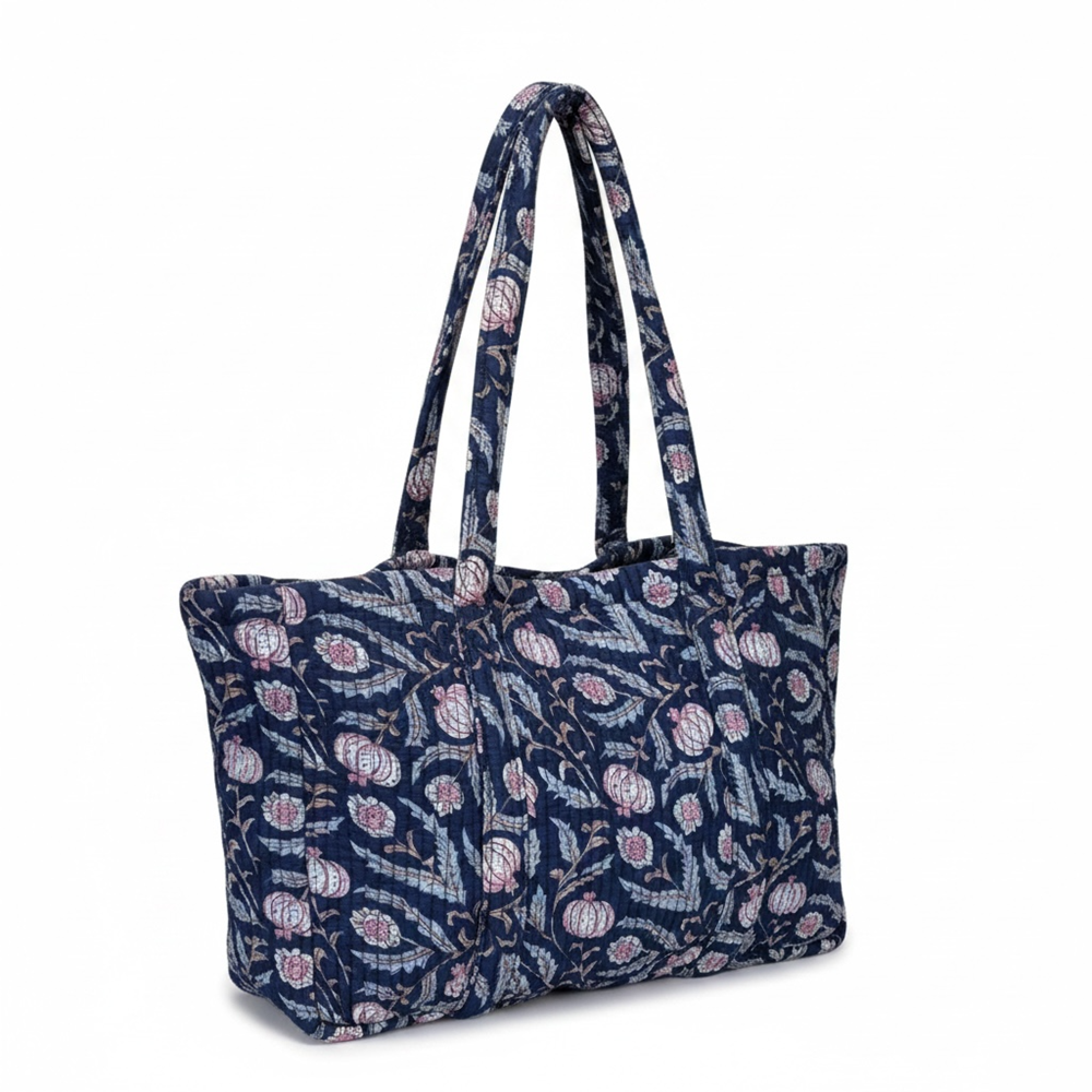 VOYAGE Carla large tote bag in navy floral block-print quilted cotton