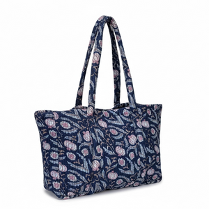 VOYAGE Carla large tote bag in navy floral block-print quilted cotton