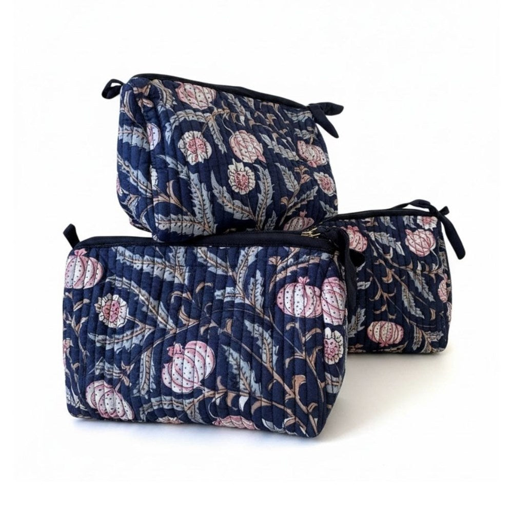 VOYAGE Carla set of 3 toiletry and makeup bags in navy floral block-print quilted cotton