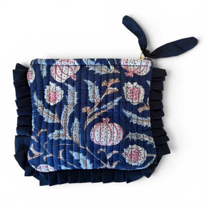 VOYAGE Carla mini ruffle pouch in navy floral block-print quilted cotton with knotted zip pull