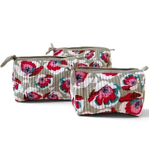 VOYAGE Charly set of 3 toiletry and makeup bags in grey and red floral block-print quilted cotton