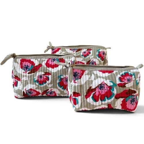 VOYAGE Charly set of 3 toiletry and makeup bags in grey and red floral block-print quilted cotton