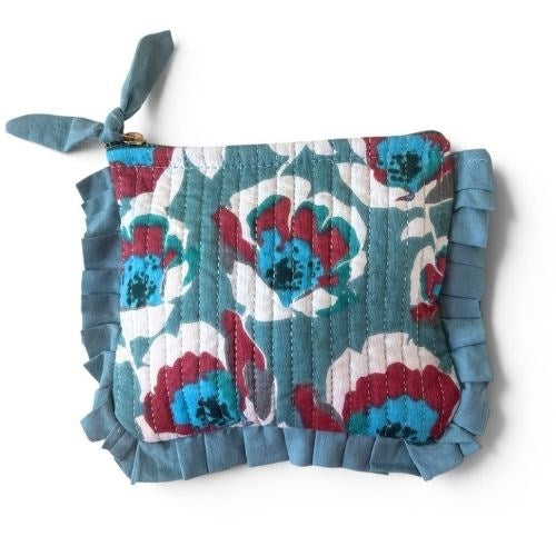 VOYAGE Bonnie mini ruffle pouch in teal and red floral block-print quilted cotton with knotted zip pull