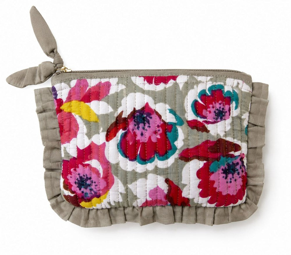 VOYAGE Charly mini ruffle pouch in grey and red floral block-print quilted cotton with knotted zip pull