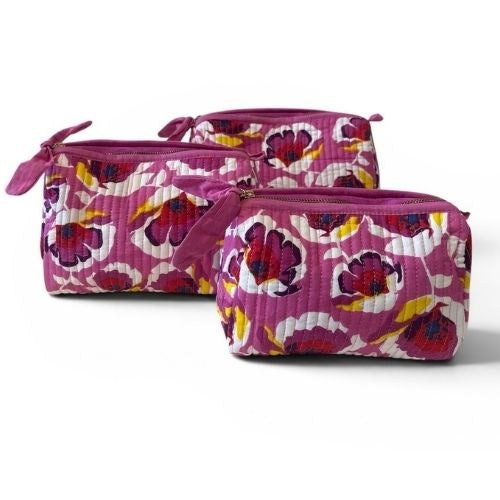 VOYAGE Milly set of 3 toiletry and makeup bags in pink and red floral block-print quilted cotton