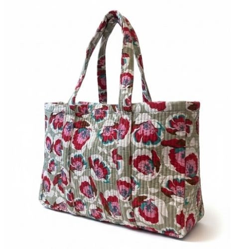 VOYAGE Charly large tote bag in grey and red floral block-print quilted cotton