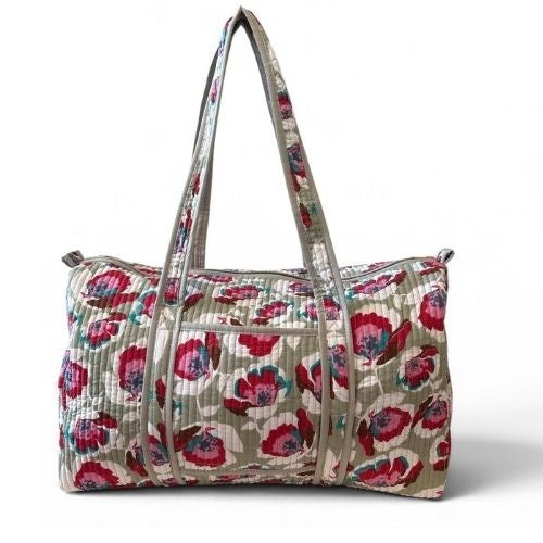 VOYAGE Charly weekender bag in grey and red floral block-print quilted cotton