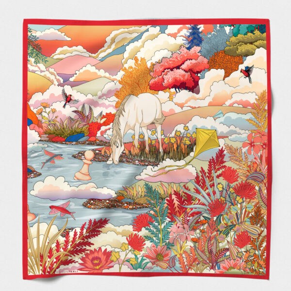 MAISON FANLI Silk Scarf 50x50cm  - Enchanted Horse Red
