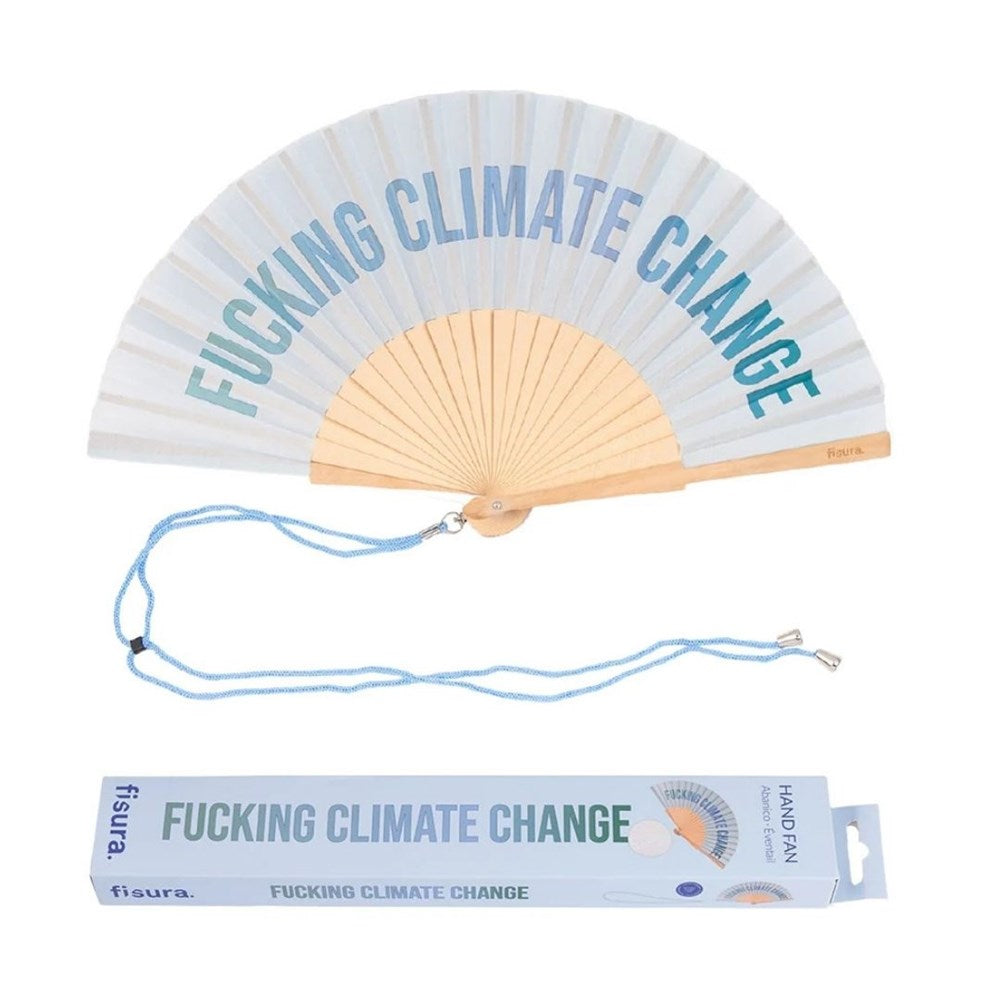 Fisura hand fan shown open, featuring  "fucking climate change" design on bamboo ribs with a cord