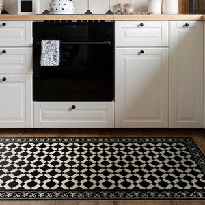 Beija Flor vinyl rug 'Diamond Antique' placed on the floor in a kitchen