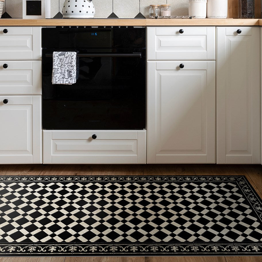 Beija Flor vinyl rug 'Diamond Antique' placed on the floor in a kitchen