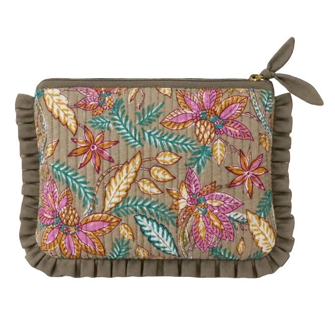 VOYAGE Eloise mini ruffle pouch in khaki paisley block-print quilted cotton with knotted zip pull